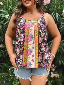 Dreamara Casual Vacation Multi-Color  Pattern Pleated Loose And Comfortable Plus Size Cami Top - Multicolor - View 3
