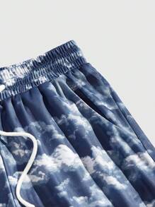 ROMWE MEN Street Life Men's Drawstring Waist Sky Letter Print Stylish Casual Shorts, Football Style, School - Navy Blue - View 4