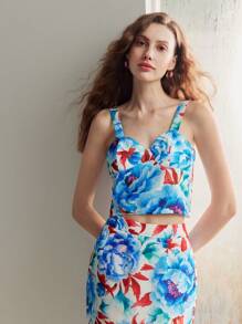 MOTF PREMIUM FLORAL PRINT SHIRRED BACK BUSTIER CAMI TOP