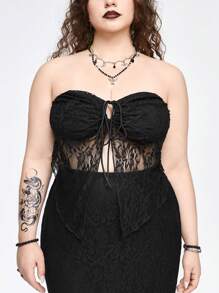 ROMWE Goth Sexy Mature Lady Strapless See-Through Slit Pencil Skirt Set With Plus Size Option - Black - View 2