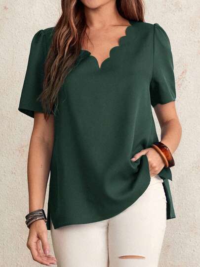EMERY ROSE Solid Color V-Neck Shell Edge Short Sleeve Summer Blouse