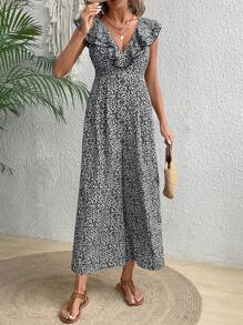 SHEIN VCAY 女裝休閒印花連身褲，隨機款式設計 - 黑色 - 查看 4