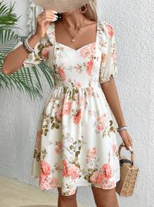 SHEIN VCAY 女式心形和花卉印花短袖夏季連衣裙 - 杏色 - 查看 3