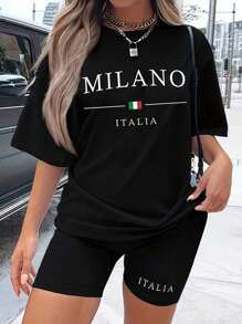 Flirla Ensemble décontracté 2 pièces pour femmes grande taille, avec t-shirt à col rond et manches tombantes, short et imprimé de lettres, pour l'été