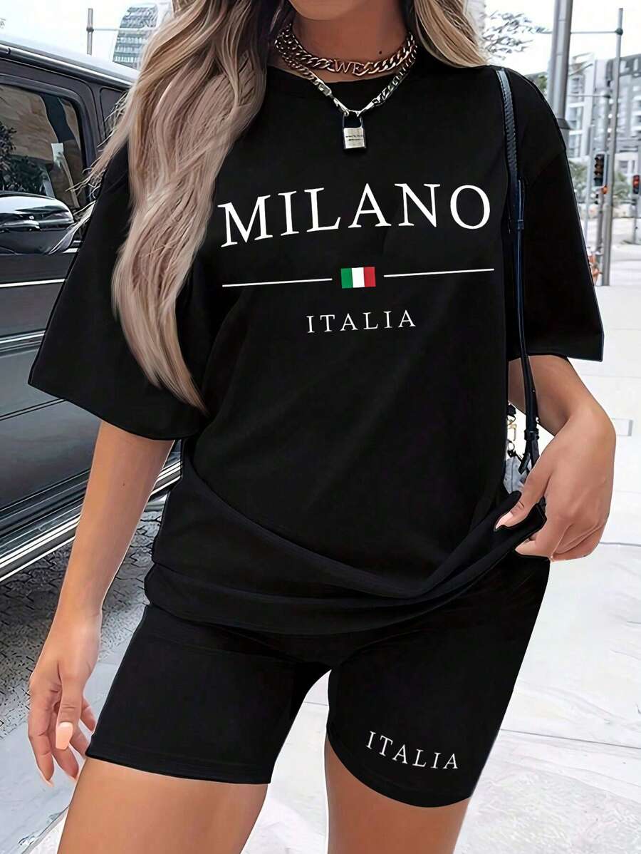 Flirla Ensemble décontracté 2 pièces pour femmes grande taille, avec t-shirt à col rond et manches tombantes, short et imprimé de lettres, pour l'été