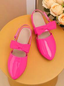 Girls Bow Decor Neon Pink Point Toe Slingback Flats For Outdoor - Hot Pink - View 5