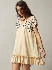 Bohemela 刺繡裝飾女式假期肩帶連身裙 - 黃色 - 查看 5