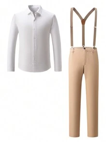 Conjunto de camisa de vestir blanca de manga larga para hombre y pantalón caqui - Blanco - Ver 1