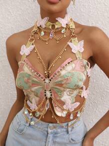 蝴蝶繡花水晶金屬鏈彈性肩帶背心束腰上衣配頸圈 - 粉色 - 查看 1