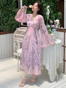 DAZY Vestido de manga larga con estampado floral simple para uso diario, conjunto de ropa de vacaciones con volantes para mujeres en Pascua - Rosa - Ver 2