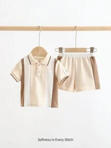 Cozy Pixies 嬰兒男女多色針織柔軟半鈕短袖衣服，休閒短褲套裝。全搭配多用途，適合在家、外出和度假的夏季穿著，與韓國、日系、英美休閒風格相搭配。 - 杏色 - 查看 1
