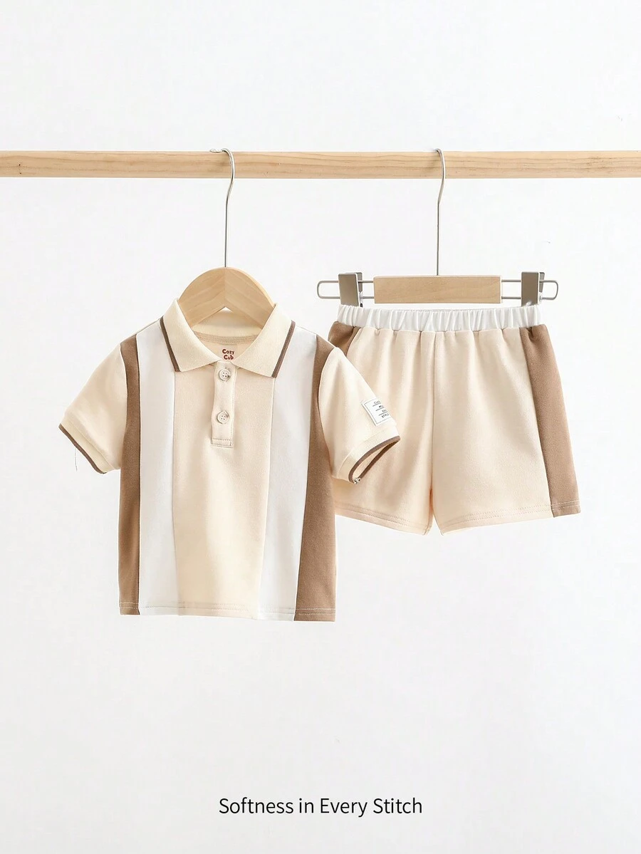 Cozy Pixies 嬰兒男女多色針織柔軟半鈕短袖衣服，休閒短褲套裝。全搭配多用途，適合在家、外出和度假的夏季穿著，與韓國、日系、英美休閒風格相搭配。 - 杏色 - 查看 1