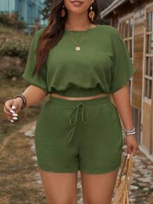SHEIN LUNE Bộ áo thun ngắn tay và quần short đơn giản hàng ngày dành cho nữ cỡ lớn màu trơn - Màu xanh Ô liu - Xem 5