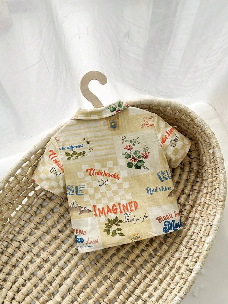 Baby Boy Letter Printed Lapel Short Sleeve Cardigan With Drop Shoulders