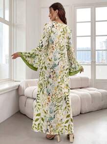 Al Najma 女式优雅长款阿拉伯印花朴素连衣裙，喇叭袖，植物图案 - 彩色 - 查看 3