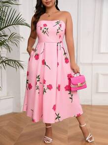SHEIN Privé Plus Size Summer Elegant A-Line Rose Printed Sundress With Pockets, Suitable For Dating, Vacation, Afternoon Tea And Outdoor Activities, Pink