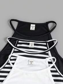 SHEIN Teen Girl Knitted Black And White Stripe Solid Color Casual Top 3pcs Set