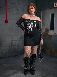 Harley Quinn X SHEIN 大尺碼女式哥德龐克風格性感黑色卡通小丑夫妻印花對比花邊修身露肩連身裙 - 黑色 - 查看 7