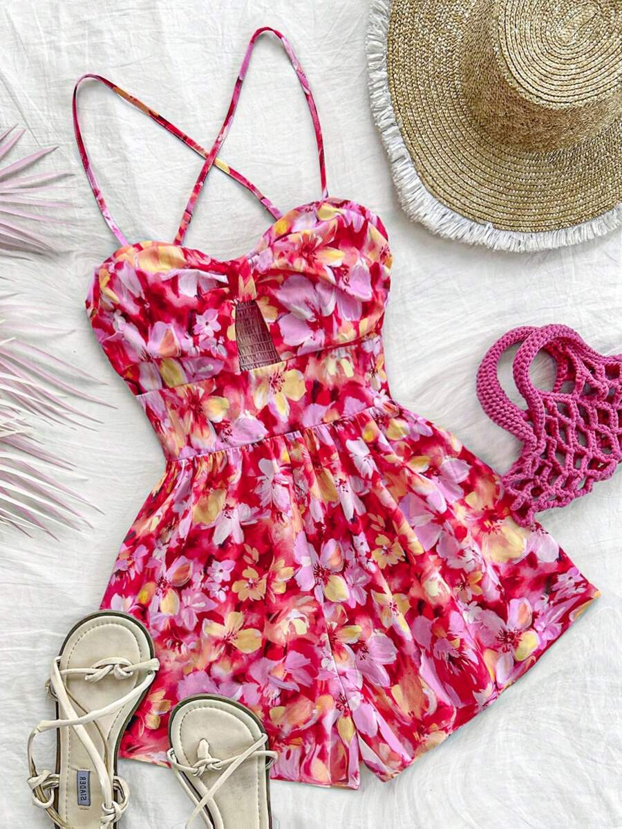 SHEIN 少女情人节红色和橙色热带水彩扎染花卉印花镂空前短款连体裤，休闲，海滩度假