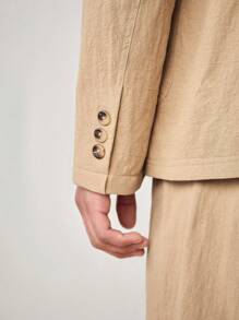 Manfinity VCAY 男士梭织两件套西装，休闲时尚，纯色长袖西装外套和短裤套装，适合日常穿着 - 卡其色 - 查看 7