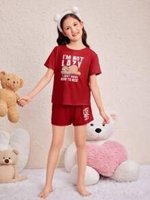 SHEIN Tween Girl Summer Casual Cute Animal & Letter Printed Short Sleeve T-Shirt And Shorts Knit Pajama Set (Flame Retardant) - Burgundy - View 3