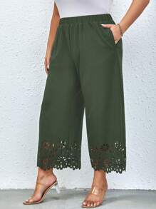 SHEIN Clasi 加大尺碼女士單色彈性腰部燃燒花空心闊腿寬鬆優雅踝褲 - 橄欖綠 - 查看 7