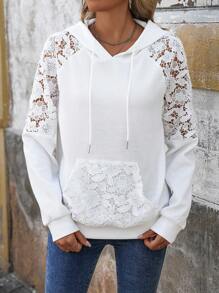 SHEIN LUNE Women's Autumn & Winter Lace Spliced Crisscross Ribbed Casual Hoodie,Long Sleeve Tops