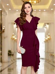 MIUSOL Butterfly Sleeve Ruffle Trim Zip Back Draped Cocktail Bodycon Dress - Burgundy - View 2