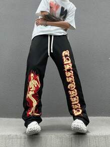 Manfinity Roghcode Men's Simple Printed Casual Sweatpants - Black - View 3