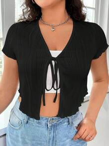 SHEIN EZwear 女士大尺碼純色極簡夏季短袖連帶繫帶T恤 - 黑色 - 查看 3