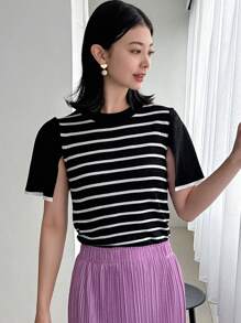 FRIFUL Women's Round Neck Color Block Striped Printed Casual Knit Top - Black and White - View 8
