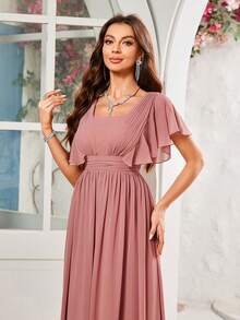 Vestidos De Dama De Honor Con Cuello Corazón Y Mangas Con Volantes De Tela De Gasa - Rosa - Ver 5