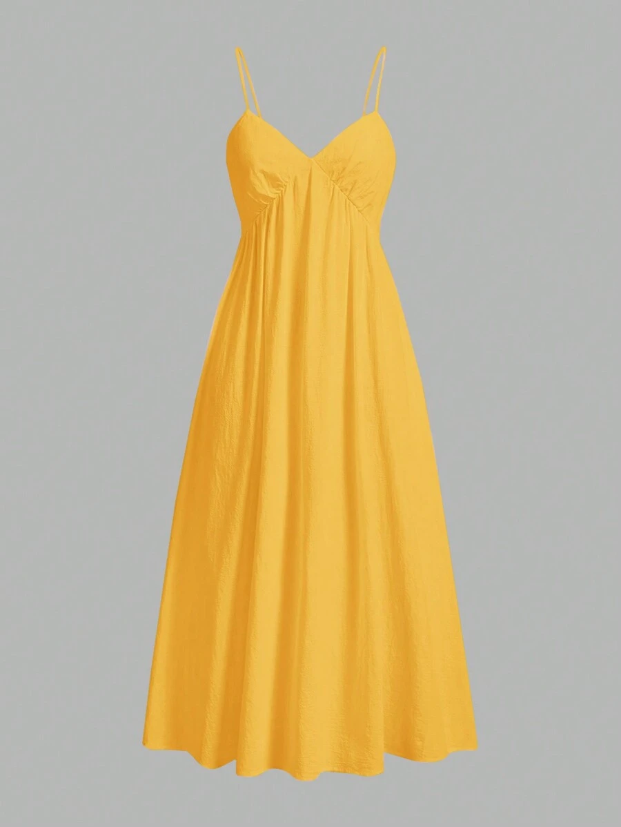 SHEIN EZwear Summer Casual V-Neck Spaghetti Strap Swing Dress For Vacation - Yellow - View 1