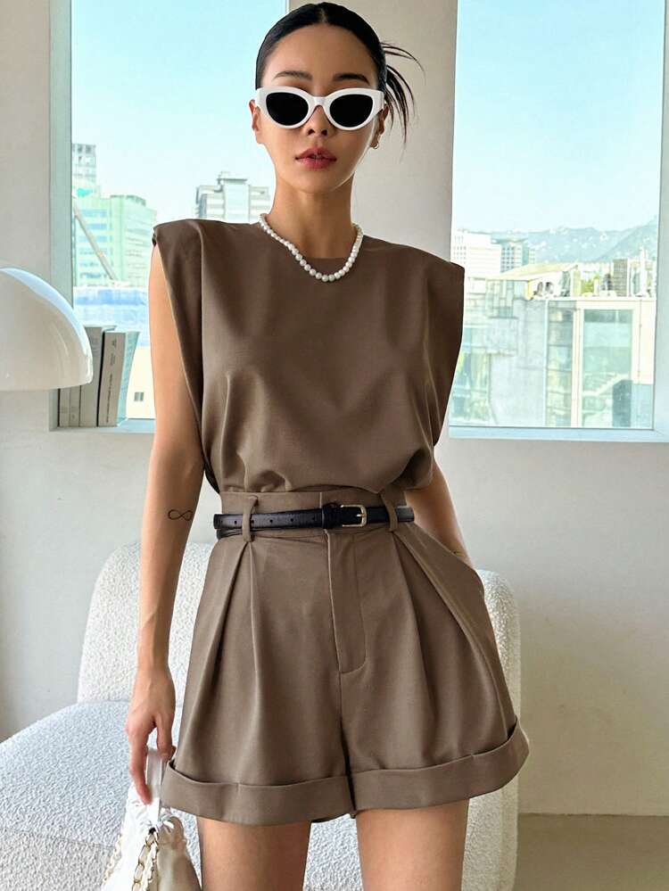 Women's Solid Color Sleeveless Round Neck Top And Shorts Set, Summer Casual Outfit, Women Two Pieces Sets Lounge Sets For Women