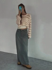 DAZY Damen Einfarbig Einfacher Alltags Langarm Durchbrochener Kurz Pullover Transparent Herbst Schule - Aprikosenfarben - Übersicht 7