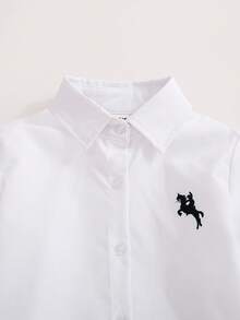 SHEIN 男童騎士圖案長袖襯衫和褲子休閒兩件套，適用於春秋季節 - 酒紅色 - 查看 3