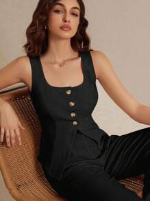 Poéselle 夏季亞麻西裝馬甲兩件套女士時尚純色扣子對比色無袖上裝和褲子套裝，穿起來舒適透氣，適合通勤日常假期穿著的柔軟服裝面料 - 黑色 - 查看 7