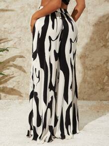SHEIN SXY Wysoka talia Abstrakcyjny nadruk Plisowane szerokie nogawki Bardzo długie spodnie palazzo Wakacje Seksowne Lato Wakacje na plaży Boho Kobiety Strój Duma Ubrania Western Wear Strój urodzinowy Wieczór panieński Koncert Klub Przyjęcie z okazji ukończenia szkoły Biały