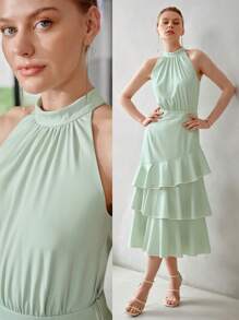 MOTF PREMIUM VESTIDO CON TIRANTES EN EL CUELLO Y DOBLE CAPA CON VOLANTES CONTRASTANTES EN EL DOBLADILLO - Verde - Ver 10
