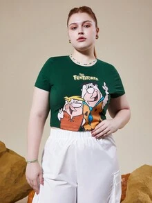 THE FLINTSTONES | SHEIN Áo thun tay ngắn in họa tiết nhân vật hoạt hình màu xanh lá cây thời trang thường ngày cỡ lớn mùa hè - màu xanh lá - Xem 4
