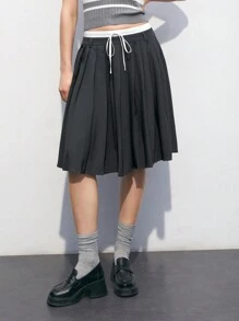 Maija 女士夏季校園風色彩撞色高腰百褶裙 - 藏蓝色 - 查看 1