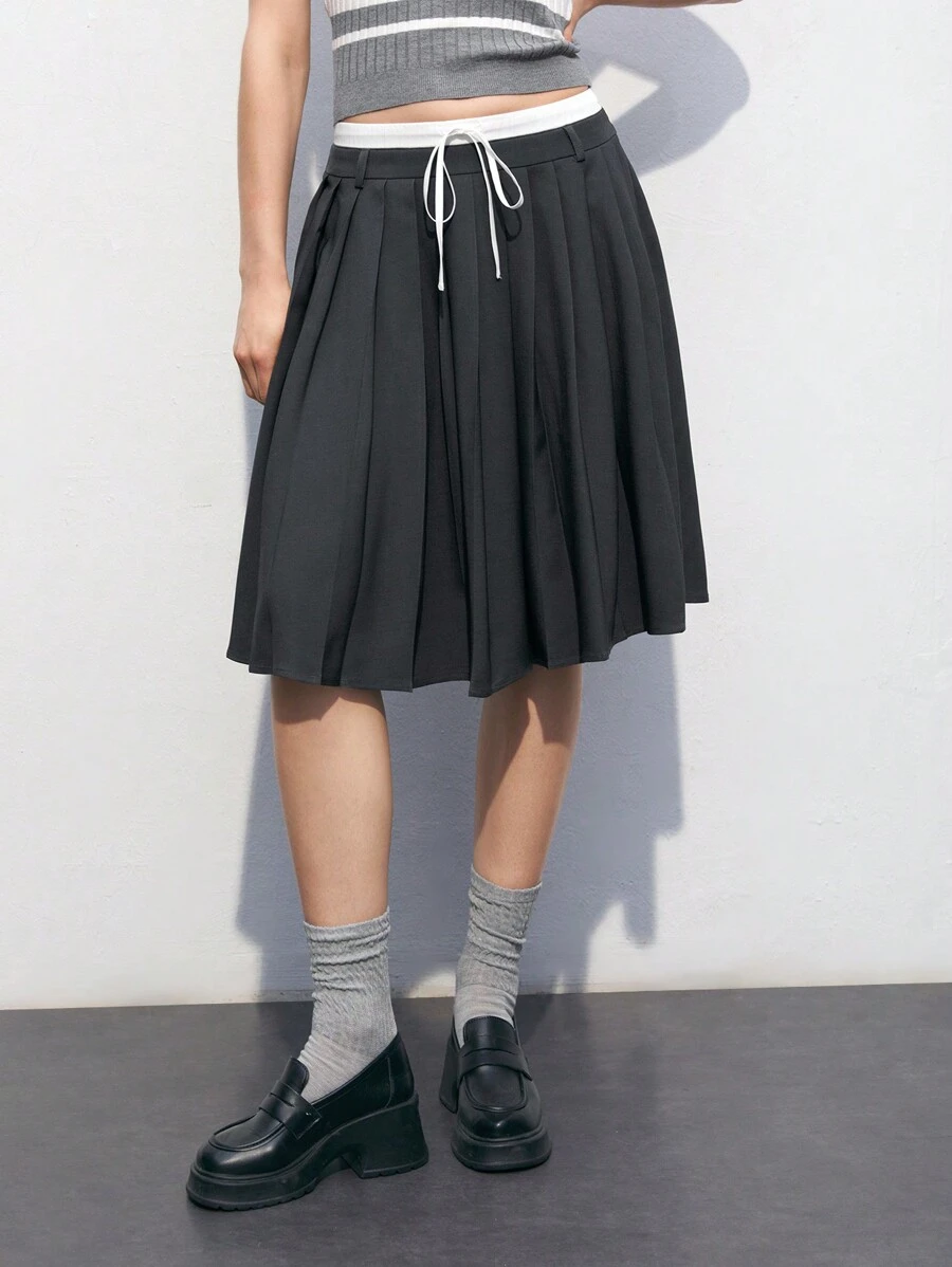 Maija 女士夏季校園風色彩撞色高腰百褶裙 - 藏蓝色 - 查看 1