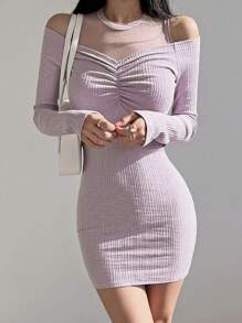 DAZY 女式秋季时尚撞色网眼露肩褶饰紧身连衣裙长袖连衣裙 - 淡紫色 - 查看 6