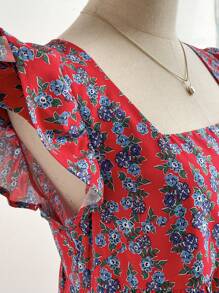 Soleia Đầm dự tiệc phong cách ngày lễ cho nữ cổ vuông tay lửng màu đỏ đáy rộng họa tiết hoa xanh lam đường khâu họa tiết hoa sọc màu mùa tốt nghiệp mùa cưới phong cách bohemian dễ thương thường ngày khi ăn trưa trở lại trường mùa hè - Nhiều màu - Xem 4