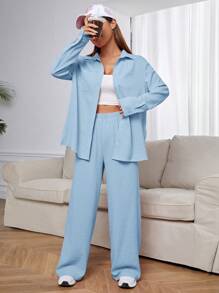 SHEIN EZwear 藍色編織襯衫和闊腿褲，休閑女裝套裝 - 藍色 - 查看 3