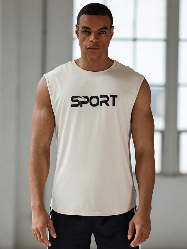 Manfinity Sport Corelite Camiseta de tirantes informal de estilo boyfriend para hombres, con diseño de letras de verano y cuello redondo