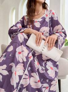 Al Najma 女式优雅花卉印花喇叭袖长款朴素连衣裙，春夏 - 紫色 - 查看 4