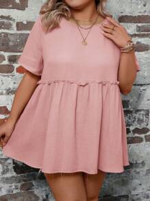 SHEIN LUNE Plus Size Solid Color Round Neck Lace-Trimmed Short Sleeve Shirt, Summer - Baby Pink - View 3