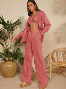 SHEIN Unity Crop Top & Wide Leg Pants & Shirt Set - Rust Brown - View 6