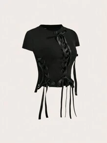SHEINNeu Summer Kawaii Balletcore Braid Bow Ribbon Short Sleeve Round Neck T-Shirt K-Pop Club Holiday - Black - View 5